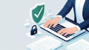 Illustration of legal terms, shield, and user privacy on laptop screen